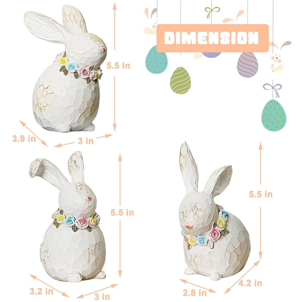 Lulu Home 3 Packs Easter Tabletop Ornaments, Resin White Bunnies Figurines with Floral Wreaths Around Necks, Standing Rabbit Statues for Spring Garden Home Mantel Indoor Outdoor Decorations - detail image 1