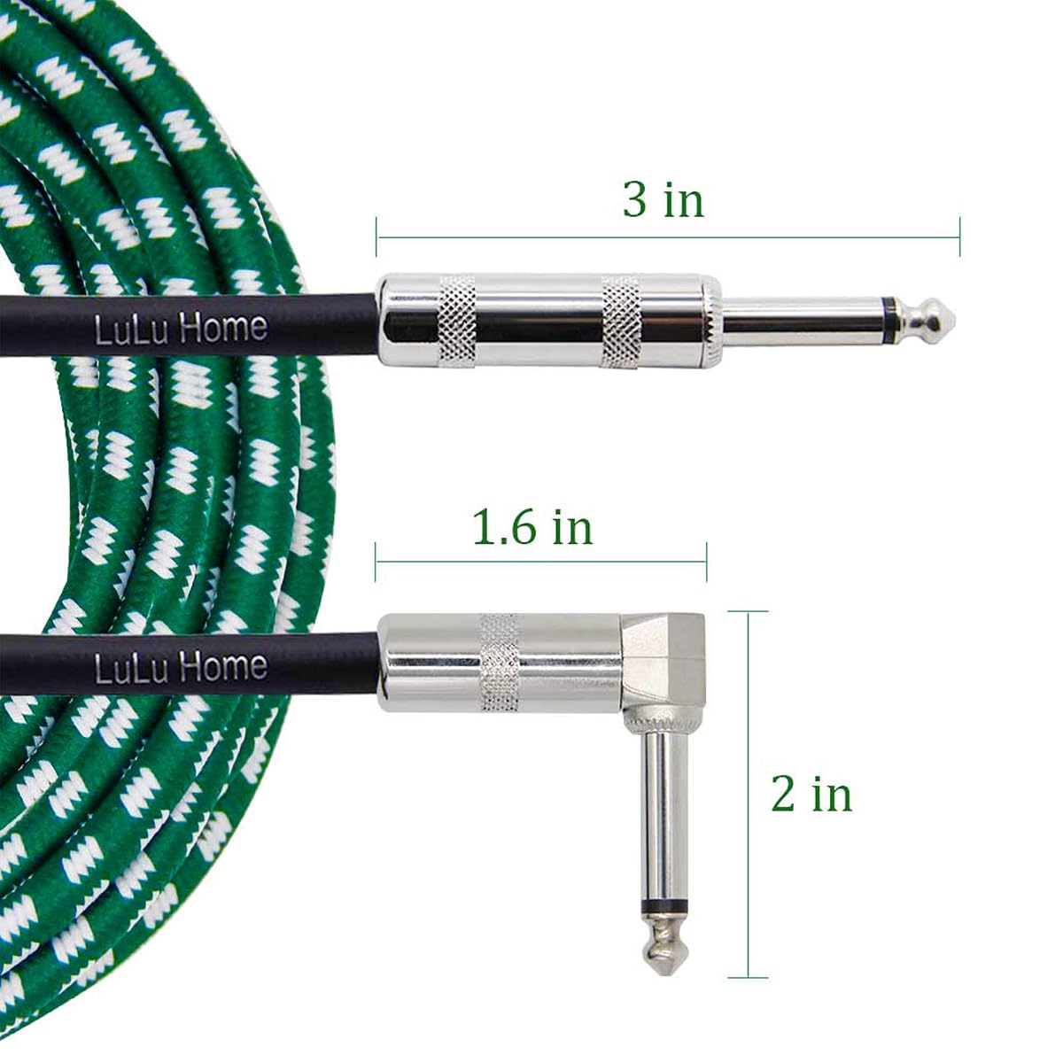 Lulu Home 10 Feet Guitar Cable, Professional Instrument Cable, Straight 1/4" TS to Right Angle 1/4" TS for Electric Guitar, Bass, Pro Audio, Green-White - imagem de detalhe 1