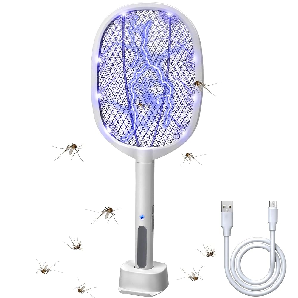 Lulu Home 2-in-1 Electric Bug Zapper Racket, 4000V High Voltage LED Lighted Handheld Mosquito Swatter with 3 Layer Safety Mesh, USB Charging Portable Fly Killer Racquet for Indoor Outdoor Use