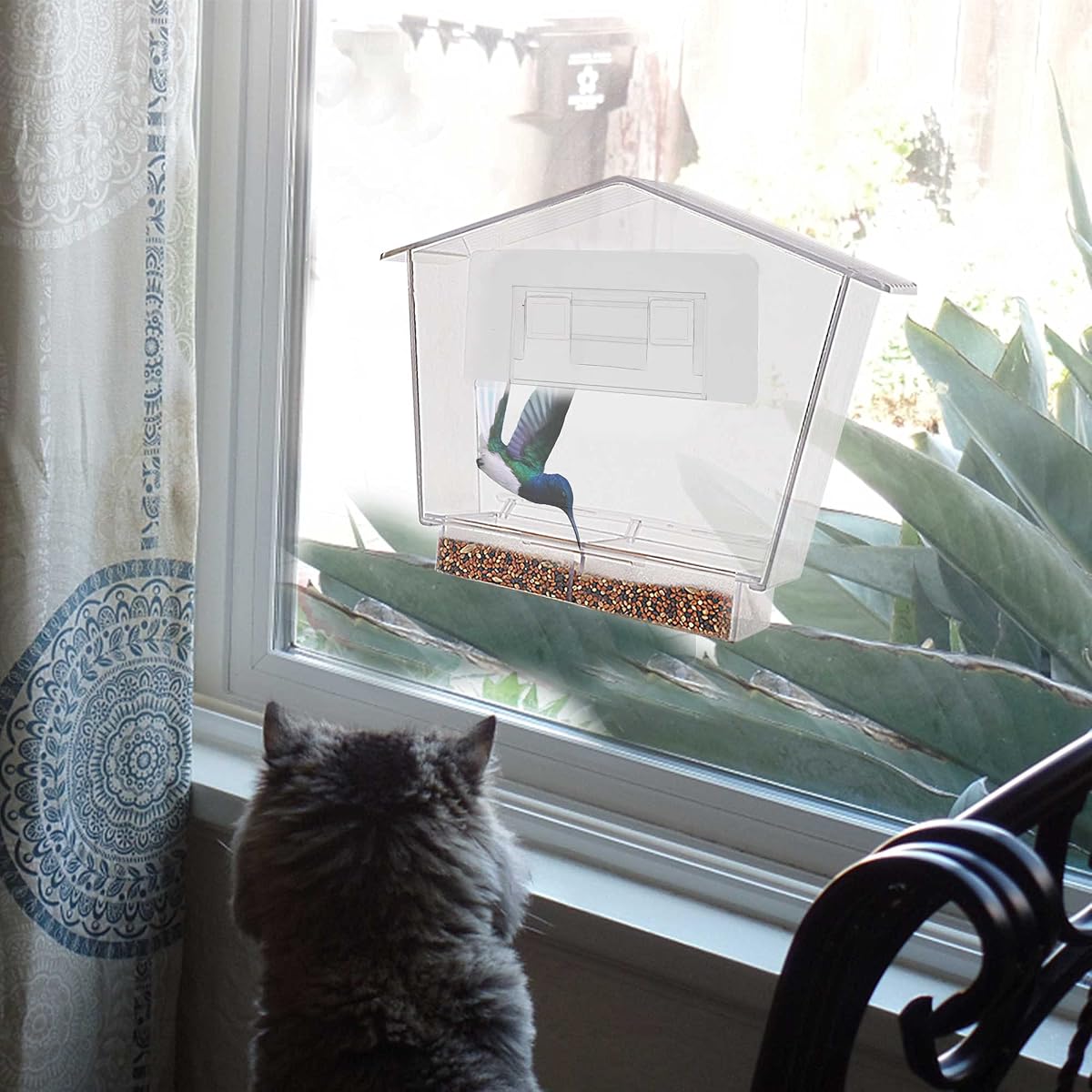 Window Bird Feeder, 10 X 7 X 5 Inch Clear Acrylic House Window Mount Bird Seed Feeder with Removable Sliding Tray and Drain Holes for Cardinal Bird Outside - 细节图 6
