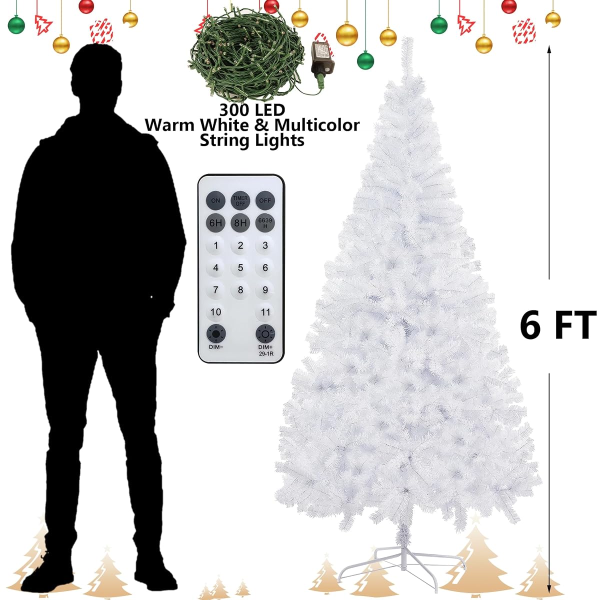 Lulu Home 6FT Christmas Tree, Artificial Christmas Tree with RC 300 LEDs Warm White & Multicolored String Lights(NOT Pre-Strung) for Indoor Outdoor Winter Decoration, 11 Lighting Modes with Timer - 细节图 1