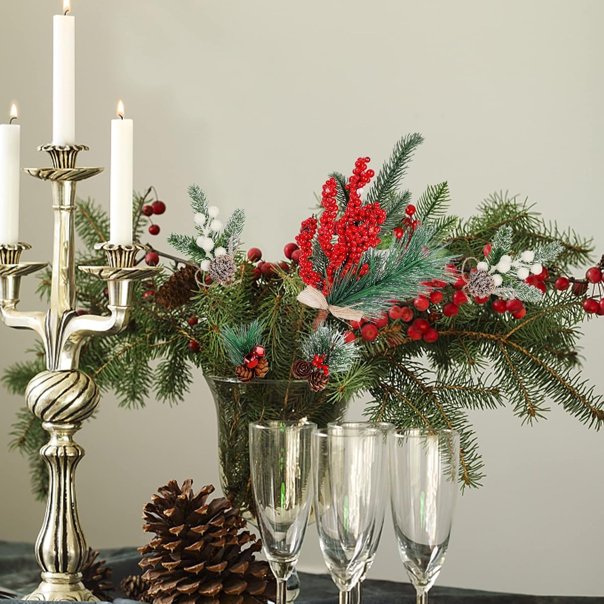 Lulu Home 16 Pieces Christmas Picks, Artificial Pine Branches with Pine Cones and Red Berries, Winter Holly Berries Stem Picks for Xmas Gift DIY Crafts Christmas Tree Wreath Garland Decorations - imagen de detalle 5