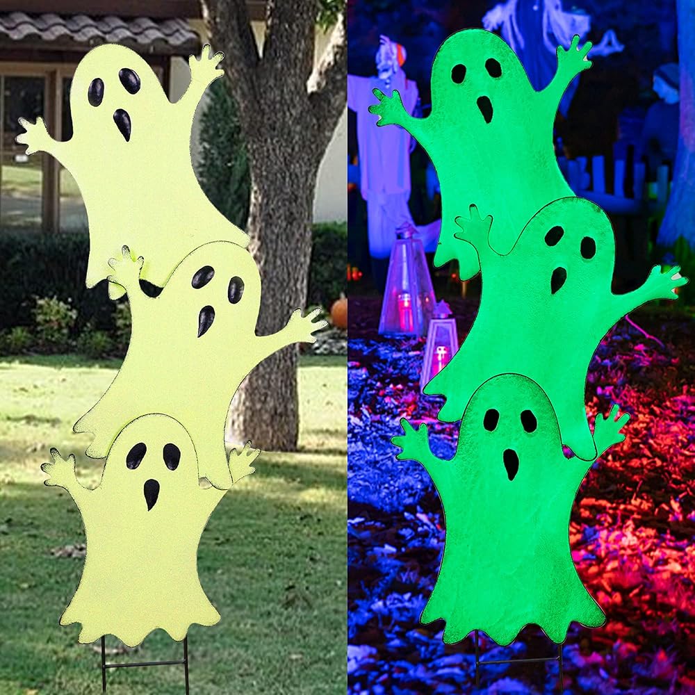 Lulu Home Halloween Yard Stake, 38.6" Glow in The Dark Metal Stacked Ghost with Green Fluorescent Layer, Halloween Yard Sign Stakes for Outdoor Front Yard Lawn Garden Decorations