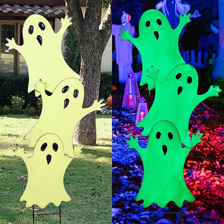 Lulu Home Halloween Yard Stake, 38.6" Glow in The Dark Metal Stacked Ghost with Green Fluorescent Layer, Halloween Yard Sign Stakes for Outdoor Front Yard Lawn Garden Decorations