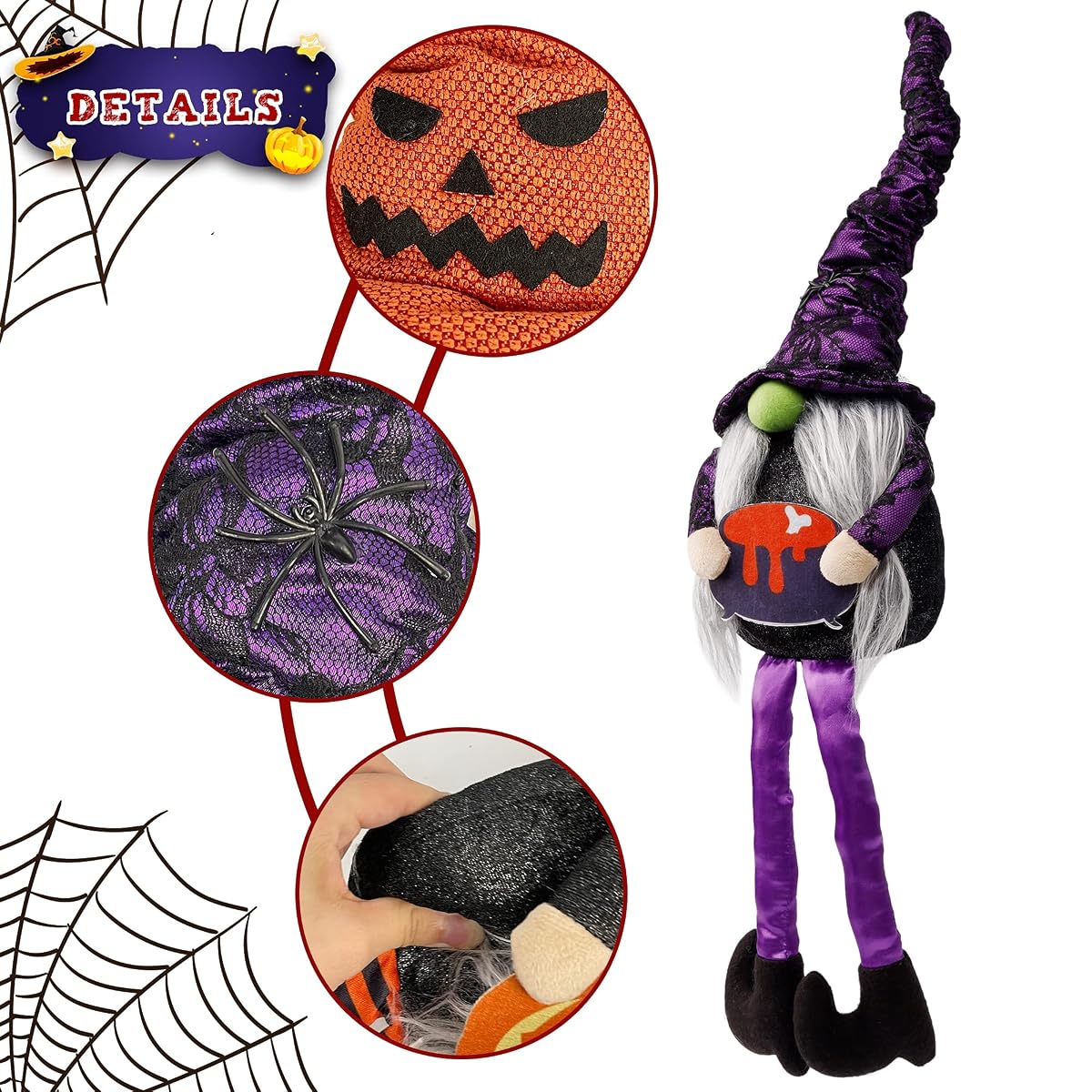 Lulu Home Halloween Gnome Decor, Set of 2 Stuffed Plush Dangle Leg Gnomes, Handmade Shelf Sitters Tomte Swedish Witch Gnome Ornaments for Halloween Home Party Decor, 28.1 x 5.9 Inch - imagen de detalle 6