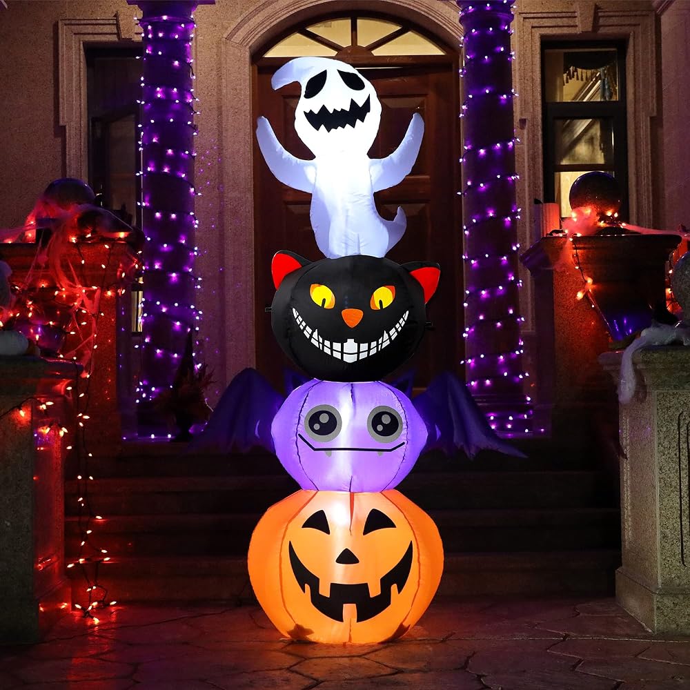 Joliyoou Halloween Blow Up Yard Decoration, 6 FT LED Lighted Inflatable Halloween Stacked Ghost Black Cat Bat Pumpkin, Inflatable Holiday Yard Lawn Garden Decorations for Indoor and Outdoor