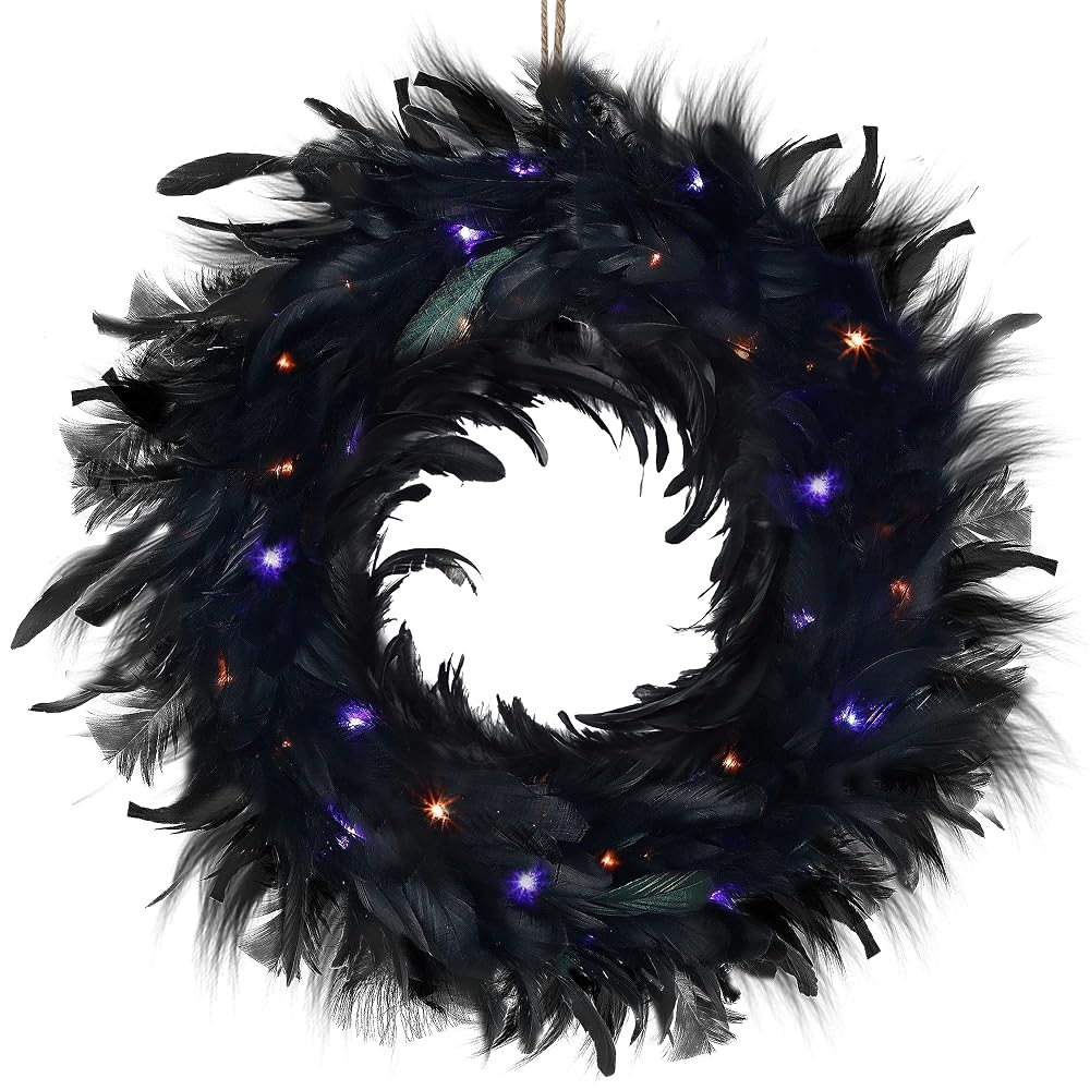 Lulu Home Halloween Black Wreath, Black Feathered Wreath with 40 LEDs Orange and Purple Lights, 8 Modes Battery Operated Gothic Creepy Wreath for Front Door Wall Fireplace Halloween Decoration