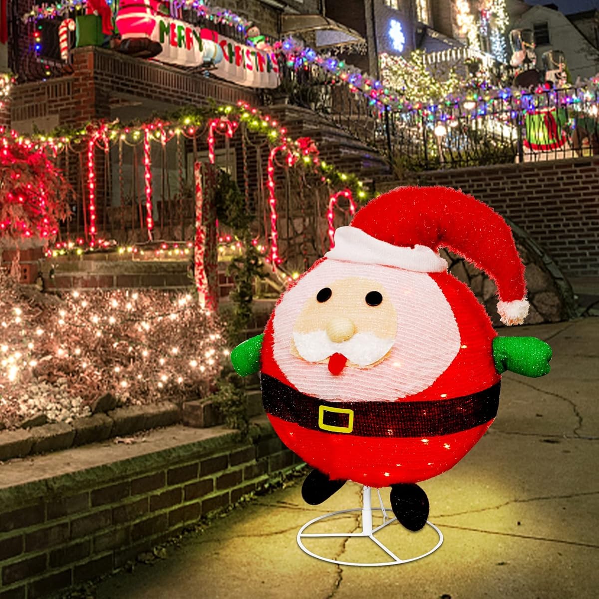 Lulu Home 23.6 Inch 48 LED Lighted Ball-Like Collapsible Santa Clause Ornaments with Clear Lights, Plug-in Foldable Light Up Adorable Father Christmas Yard Decor - imagem de detalhe 5