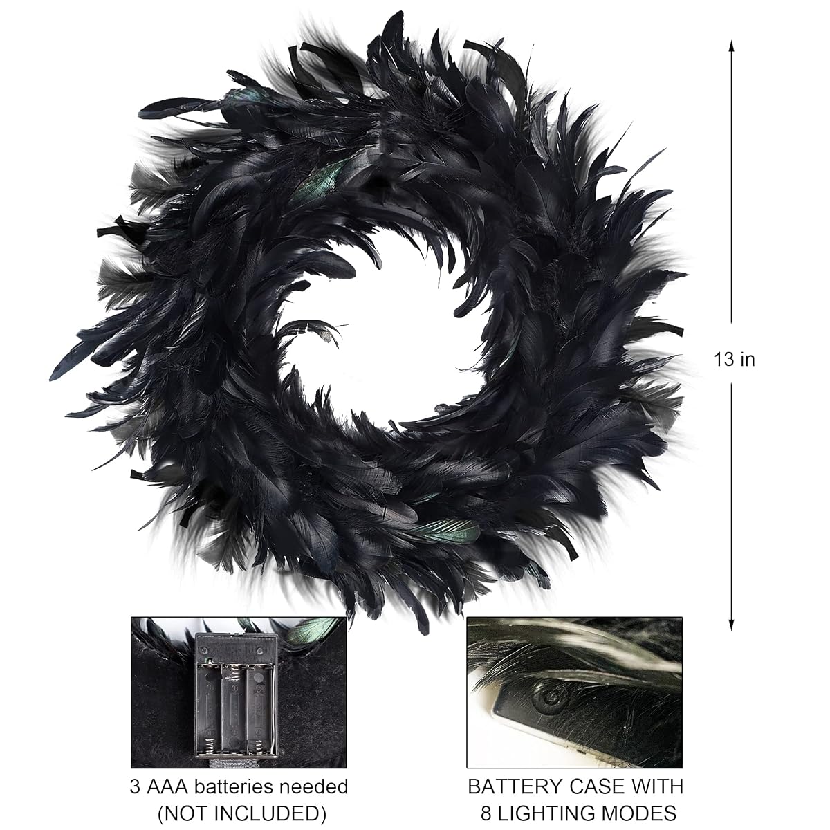 Lulu Home Halloween Black Wreath, Black Feathered Wreath with 40 LEDs Orange and Purple Lights, 8 Modes Battery Operated Gothic Creepy Wreath for Front Door Wall Fireplace Halloween Decoration - imagen de detalle 2