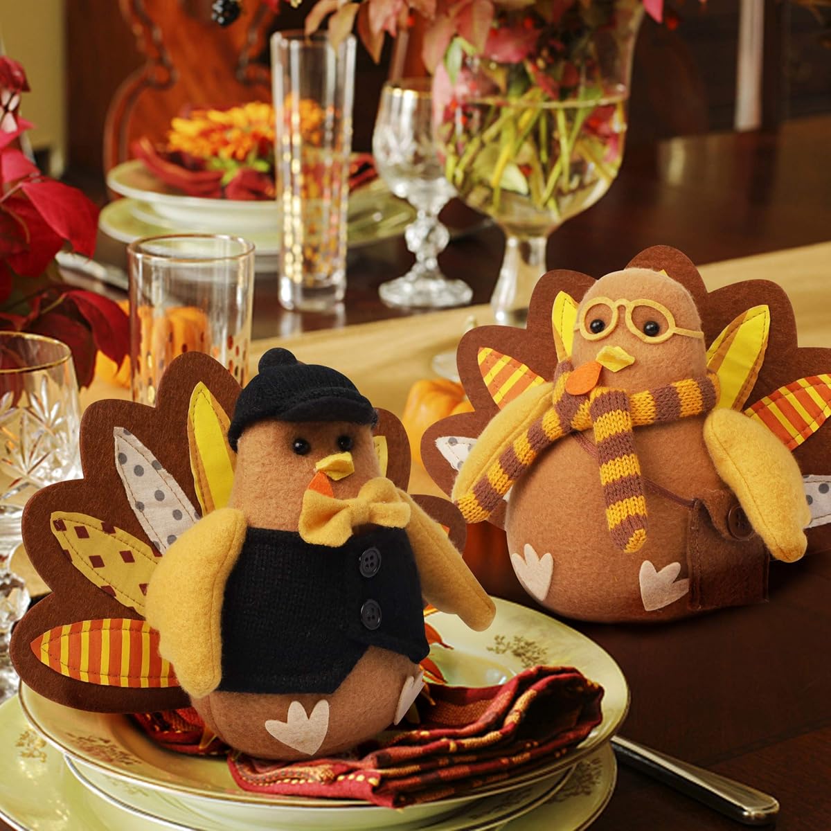 Lulu Home Thanksgiving Turkey Decor, Felt Standing Turkey Couple, Set of 2 Thanksgiving Turkey Centerpieces, Thanksgiving Tabletop Decorations Fall Home Decor - detail image 3