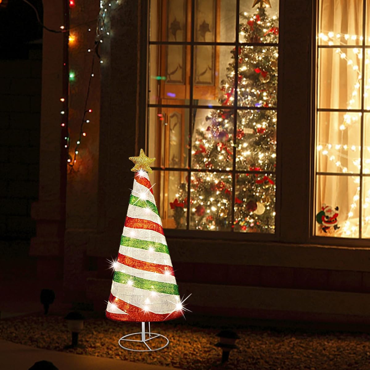 Lulu Home 35 Inch Collapsible Christmas Tree Decor, 48 LED Pre-lit Fabric Christmas Tree with Star Topper, Plug-in Foldable Light Up Spiral Cone Xmas Tree Indoor Outdoor Yard Decor, Red & Green - detail image 6