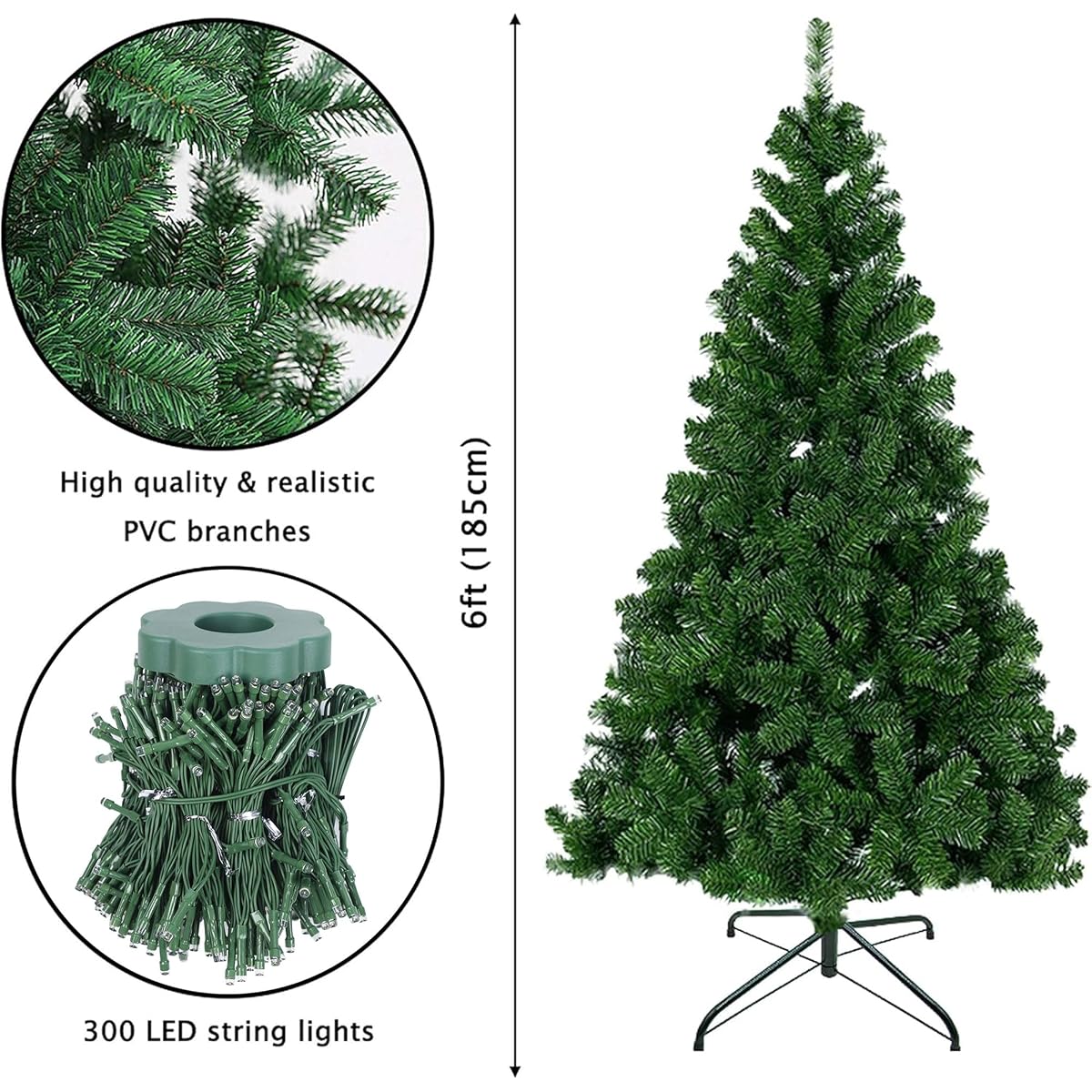 Lulu Home 6 Ft Artificial Christmas Tree with 300 LED Multi-Colored String Lights (Not Pre-Strung) and 850 Branch Tips, 8 Lighting Modes Artificial Christmas Tree with Iron Stand - imagen de detalle 1