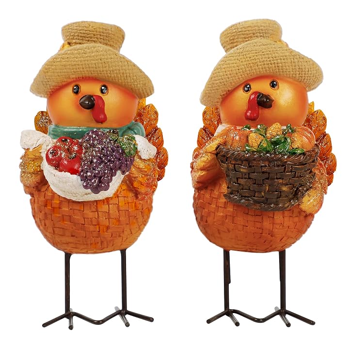Lulu Home Thanksgiving Turkey Figurines, 2 Pack Resin Turkey Ornaments with Metal Legs Autumn Shelf Sitters, Thanksgiving Craft Turkey Fruit Kitchen Figurines Fall Fireplace Home Decor