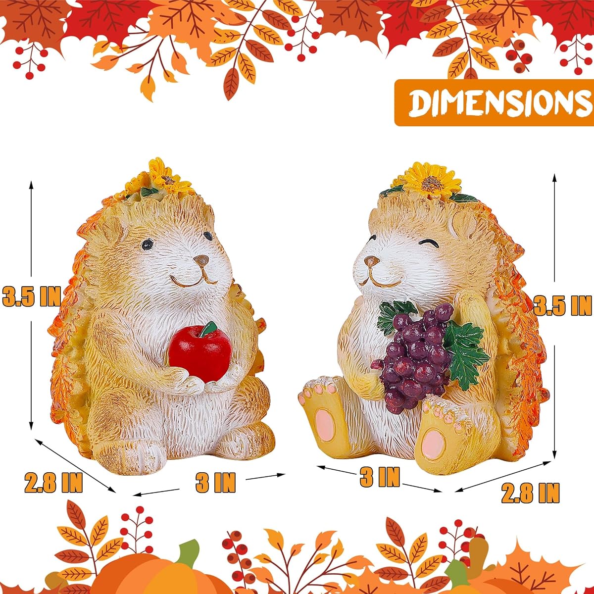 Lulu Home Fall Decorations for Home, 2 Packs Harvest Hedgehog Resin Sculpture with Maple Leaves & Fruits, Autumn Tabletop Ornaments Craft Decor for Thanksgiving and Fall Season - detail image 1