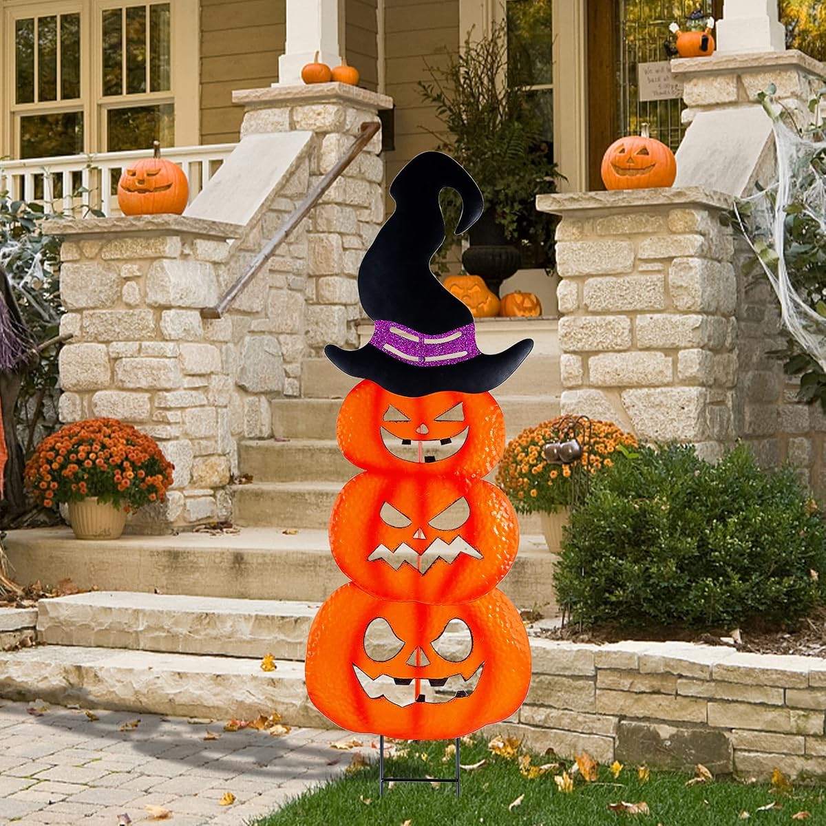 Lulu Home Halloween Yard Stake, 42" Metal Stacked Jack-O-Lanterns with Witch Hat, Halloween Pumpkin Yard Sign Stakes for Outdoor Front Yard Lawn Garden Decorations - imagem de detalhe 4