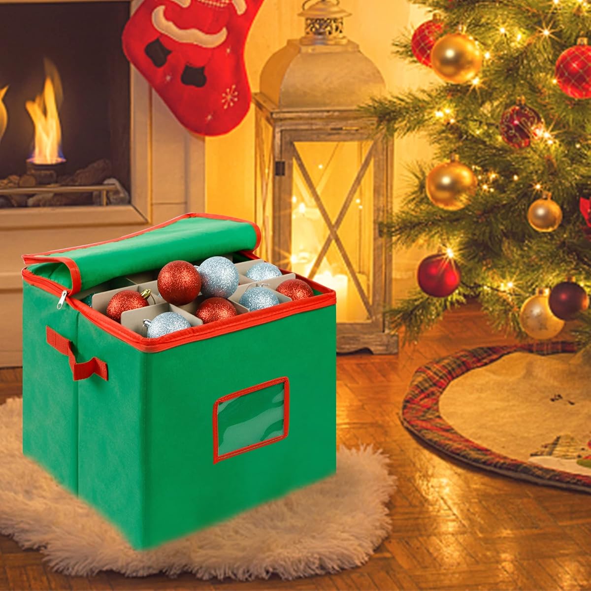 Lulu Home Christmas Ornament Storage Container, 600D Oxford Fabric Christmas Balls Storage Boxes, 4 Layers Ornament Storage Boxes Stores Up to 64 Ornaments with Zippered Closure and Two Handles, Green - detail image 5