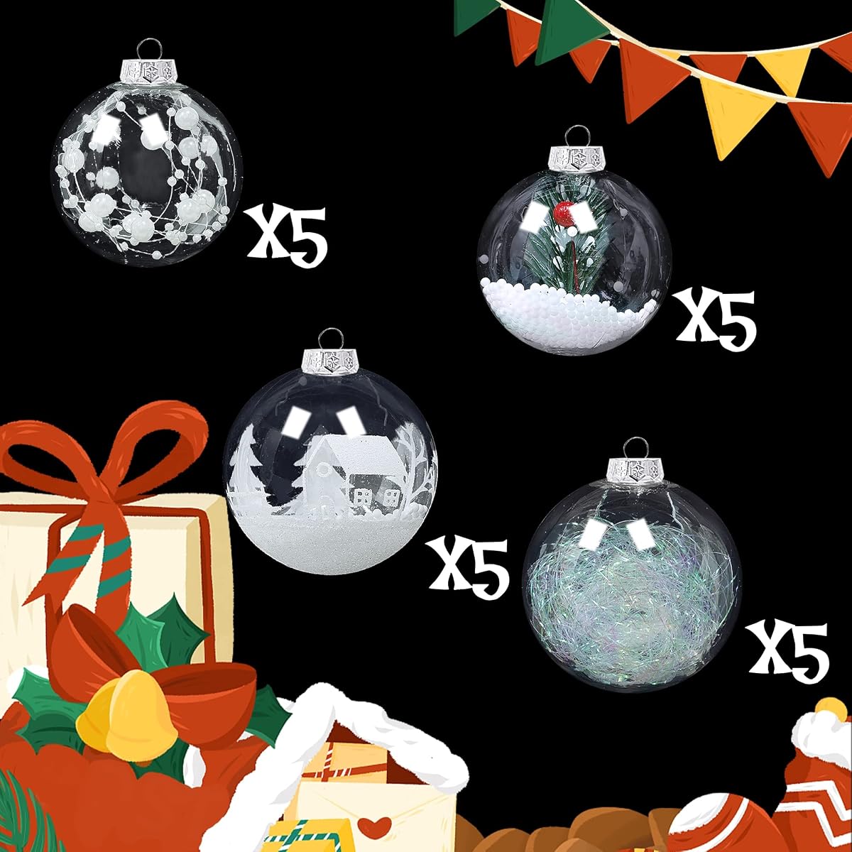 Lulu Home 20ct 3.15" Clear Christmas Ball Ornaments, Pre-Strung Transparent Balls with Unique Decorations Inside, Shatterproof Plastic Balls for Xmas Party Wreath Garlands Trees, White - imagen de detalle 1