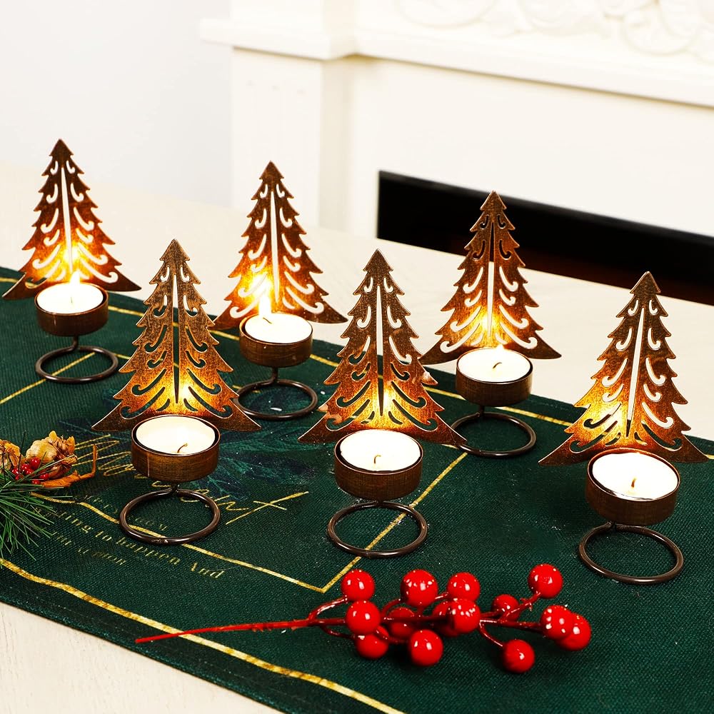 Lulu Home Christmas Tea Light Candle Holders, 6 Pack 5.5" H Metal Christmas Tree Tealighht Candle Stands, Miniature Xmas Pine Tree Tabletop Mantel Holiday Housewarming Ornament Decorations