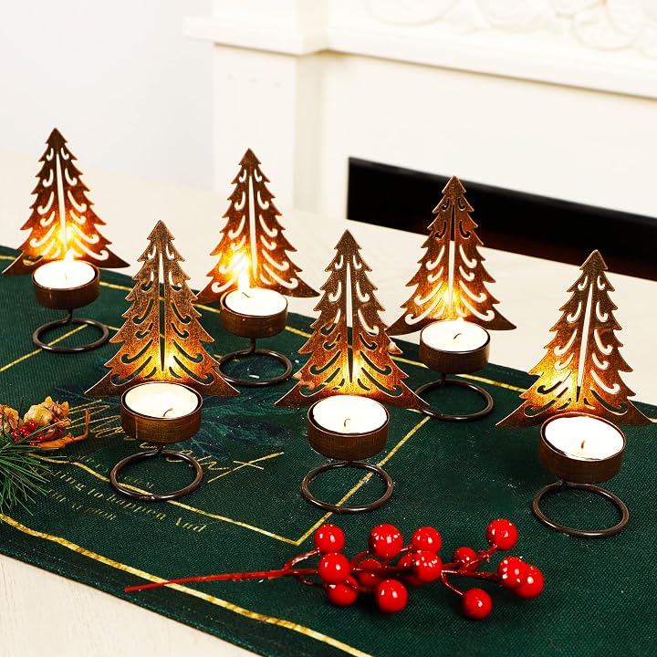 Lulu Home Christmas Tea Light Candle Holders, 6 Pack 5.5" H Metal Christmas Tree Tealighht Candle Stands, Miniature Xmas Pine Tree Tabletop Mantel Holiday Housewarming Ornament Decorations