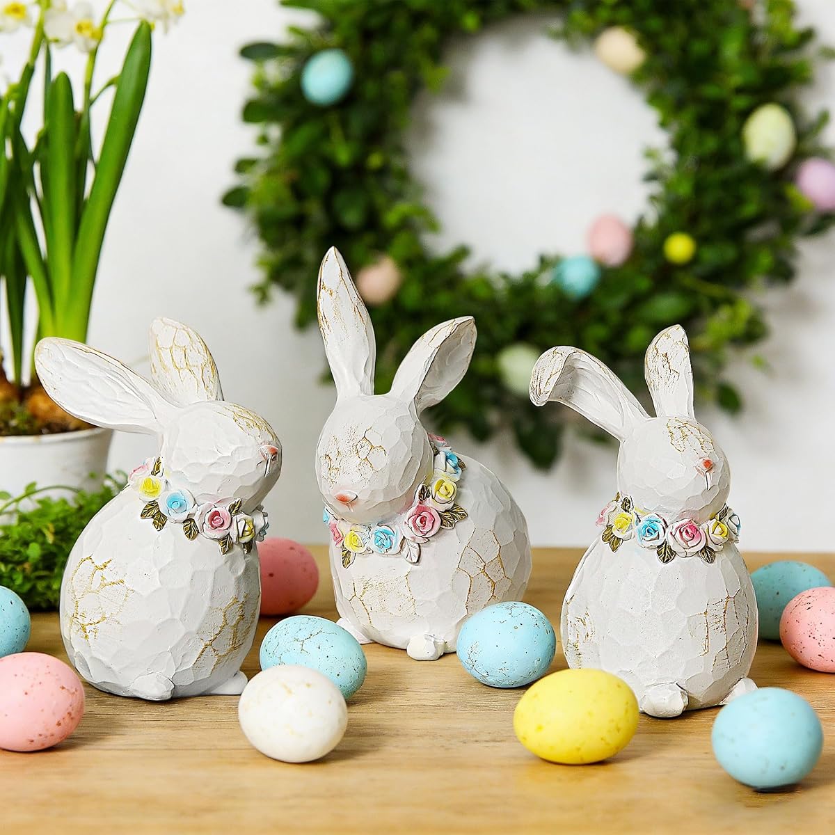 Lulu Home 3 Packs Easter Tabletop Ornaments, Resin White Bunnies Figurines with Floral Wreaths Around Necks, Standing Rabbit Statues for Spring Garden Home Mantel Indoor Outdoor Decorations - detail image 5