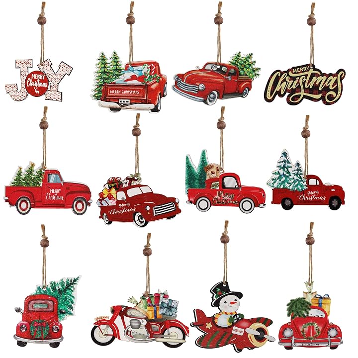 Lulu Home Christmas Hanging Ornaments, 12 Pcs Wooden One-side Printed Christmas Hanging Decorations, Red Truck Snowman Joy Hanging ornaments for Xmas tree Gift DIY Crafts