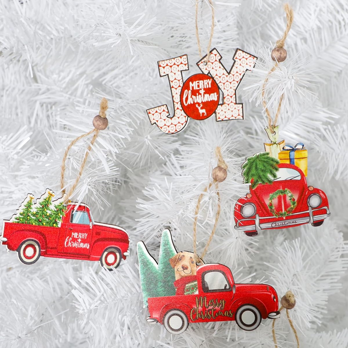 Lulu Home Christmas Hanging Ornaments, 12 Pcs Wooden One-side Printed Christmas Hanging Decorations, Red Truck Snowman Joy Hanging ornaments for Xmas tree Gift DIY Crafts - imagem de detalhe 5