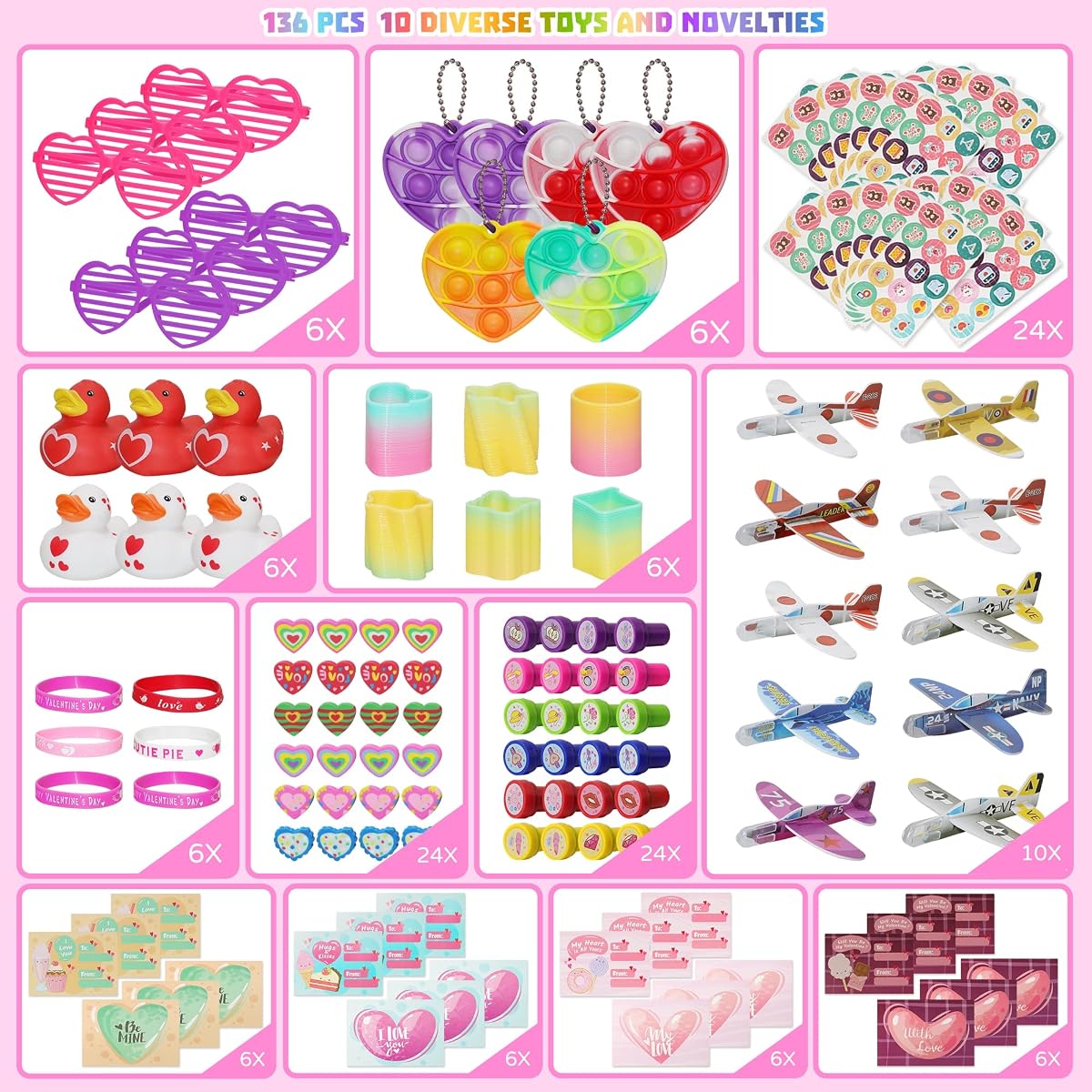 Lulu Home 136 PCS Valentine's Day Party Favors for Kids, Heart Shaped Glasses, Rubber Ducks, Erasers, Slinky, Bracelets, Stampers and more Novelty Toys Assortment for Classroom Prizes Gift Exchange - imagem de detalhe 1