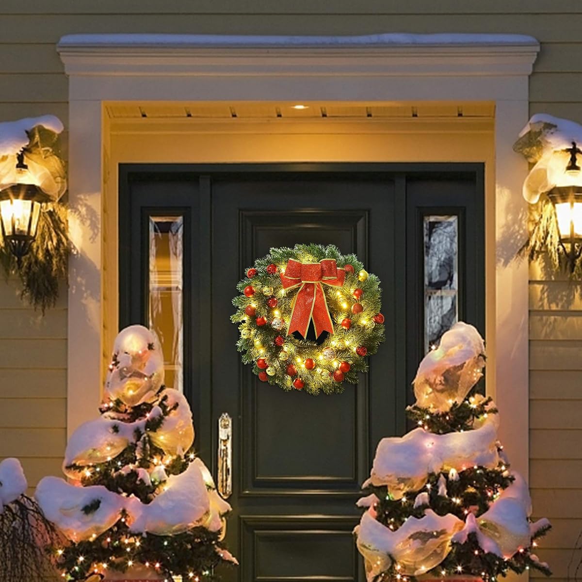 Lulu Home 16 Inch Pre-lit Christmas Wreath with Hook, Battery Operated Christmas Wreath Decorative Christmas Balls Hanging Ornament, Artificial Door Wreath 40 Clear LED Lights - imagem de detalhe 3
