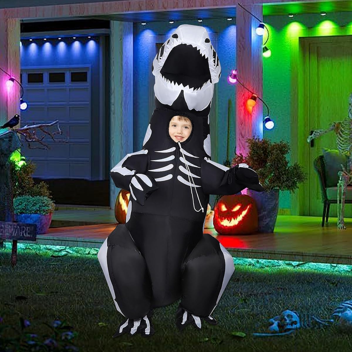 Lulu Home 5.9FT H Inflatable Dinosaur T-Rex Costume for Kids, Halloween Blow Up Fancy Dress Costume for Boys Girls Dinosaur Themed Party Trick or Treat Activity, Black & White - Small - imagem de detalhe 4
