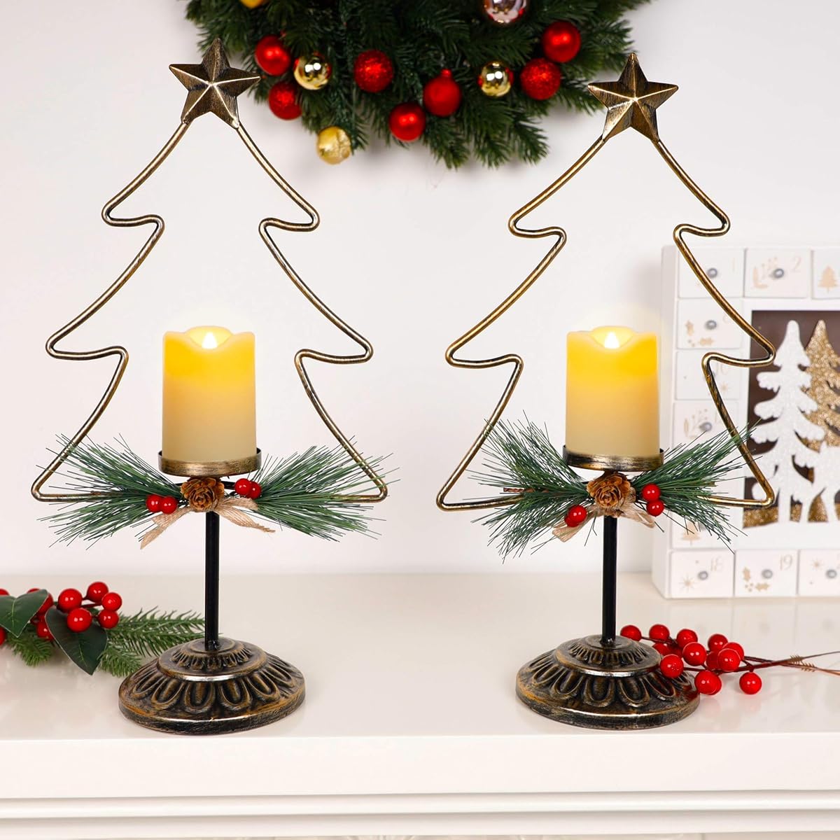 Lulu Home Lighted Christmas Table Decorations, 2 Pack 15.7 Inch Christmas Tree with Battery Operated Candle Lights, Light Up Christmas Tabletop Decorations, Xmas Holiday Winter Tabletop Desk Ornament - imagen de detalle 2