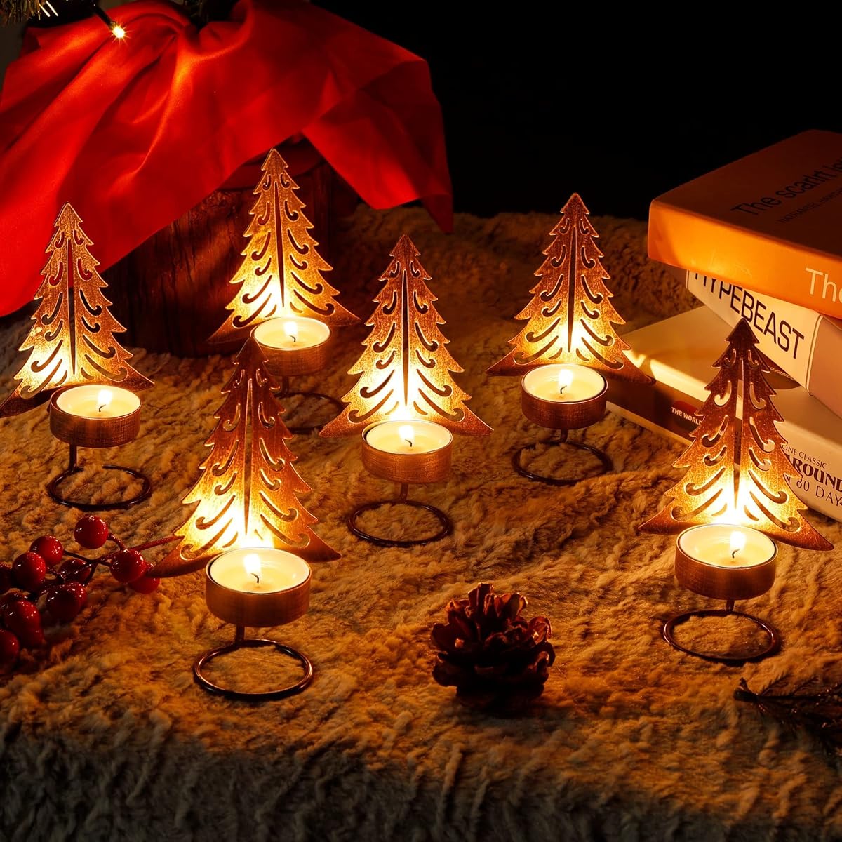 Lulu Home Christmas Tea Light Candle Holders, 6 Pack 5.5" H Metal Christmas Tree Tealighht Candle Stands, Miniature Xmas Pine Tree Tabletop Mantel Holiday Housewarming Ornament Decorations - detail image 3