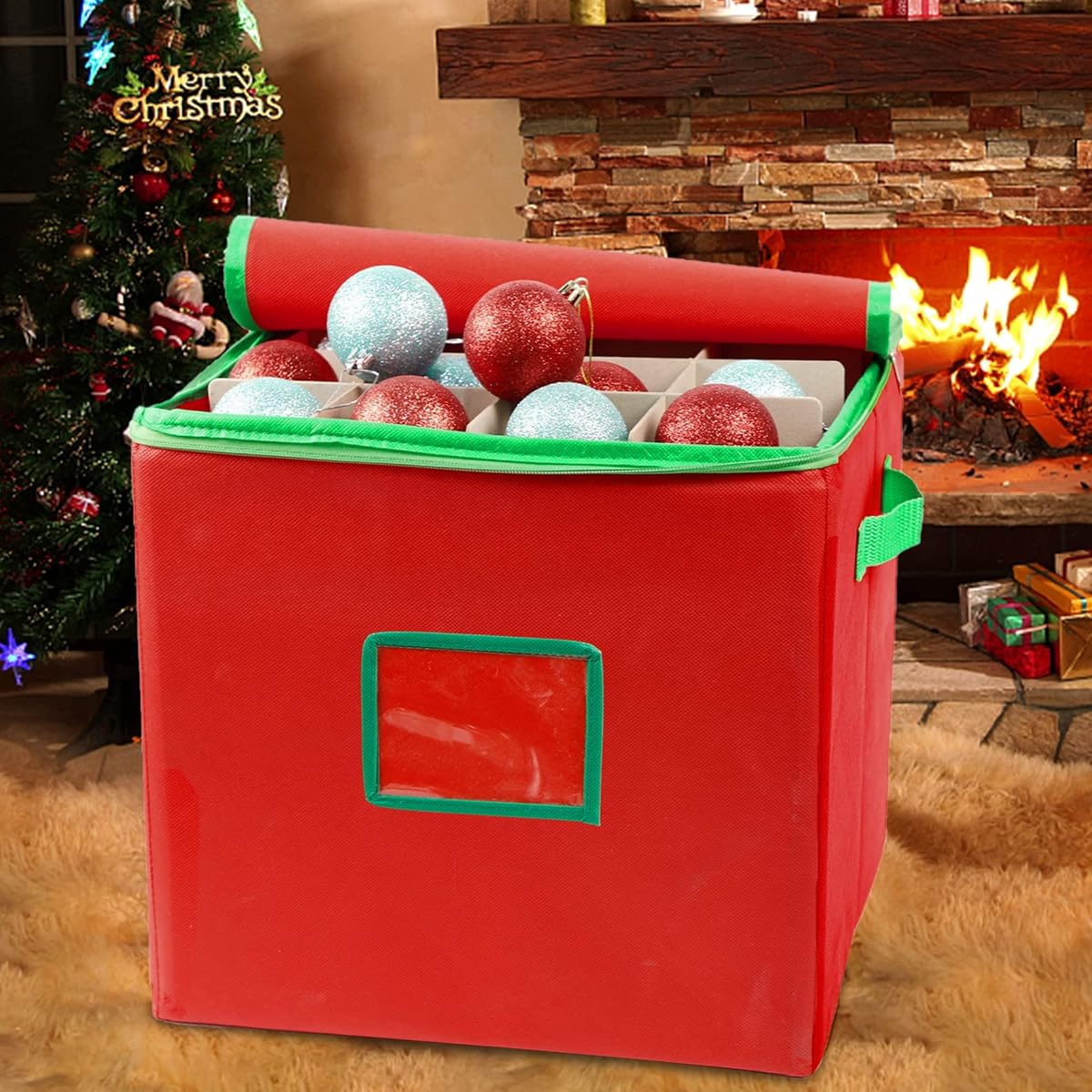 Lulu Home Christmas Ornament Storage Container, 600D Oxford Fabric Christmas Balls Storage Boxes, 4 Layers Ornament Storage Boxes Stores Up to 64 Ornaments with Zippered Closure and Two Handles, Red - imagem de detalhe 6