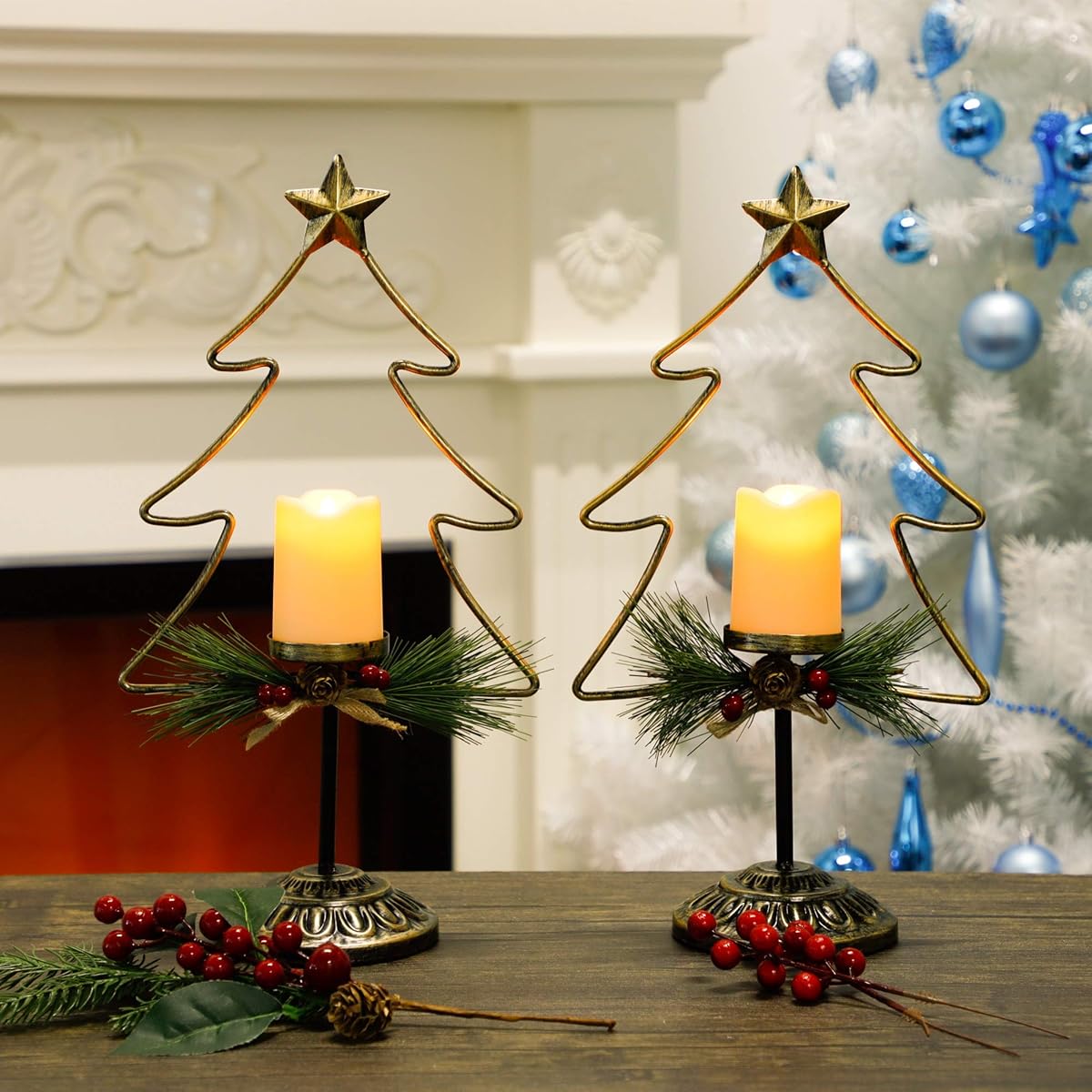 Lulu Home Lighted Christmas Table Decorations, 2 Pack 15.7 Inch Christmas Tree with Battery Operated Candle Lights, Light Up Christmas Tabletop Decorations, Xmas Holiday Winter Tabletop Desk Ornament - imagen de detalle 5