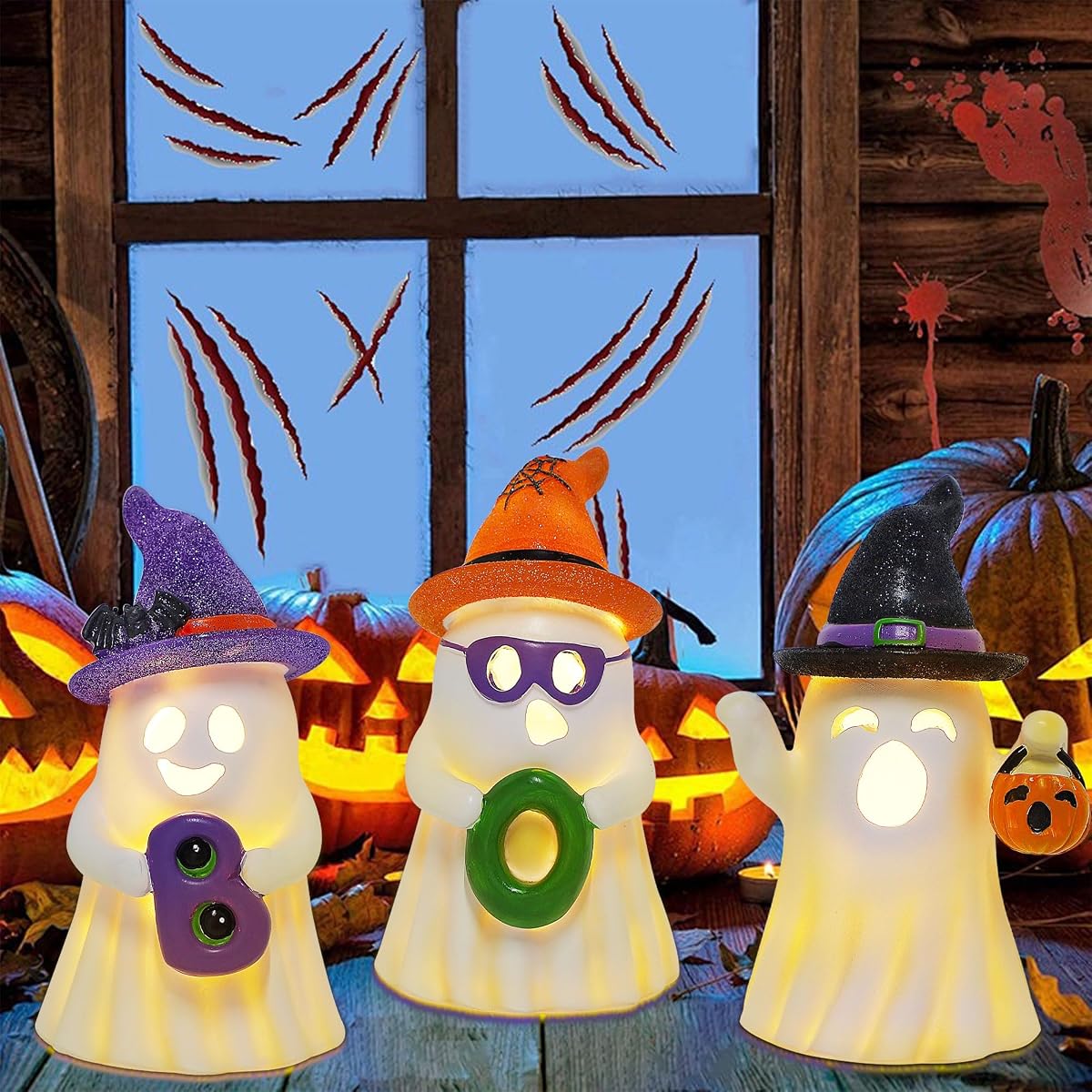Lulu Home 3 Packs Halloween Tabletop Ornaments, 5.5" H Light Up Resin Ghosts Wearing Glittered Witch Hats, Boo Ghost Figurines for Indoor Fireplace Kitchen Shelf Holiday Decorations - detail image 6