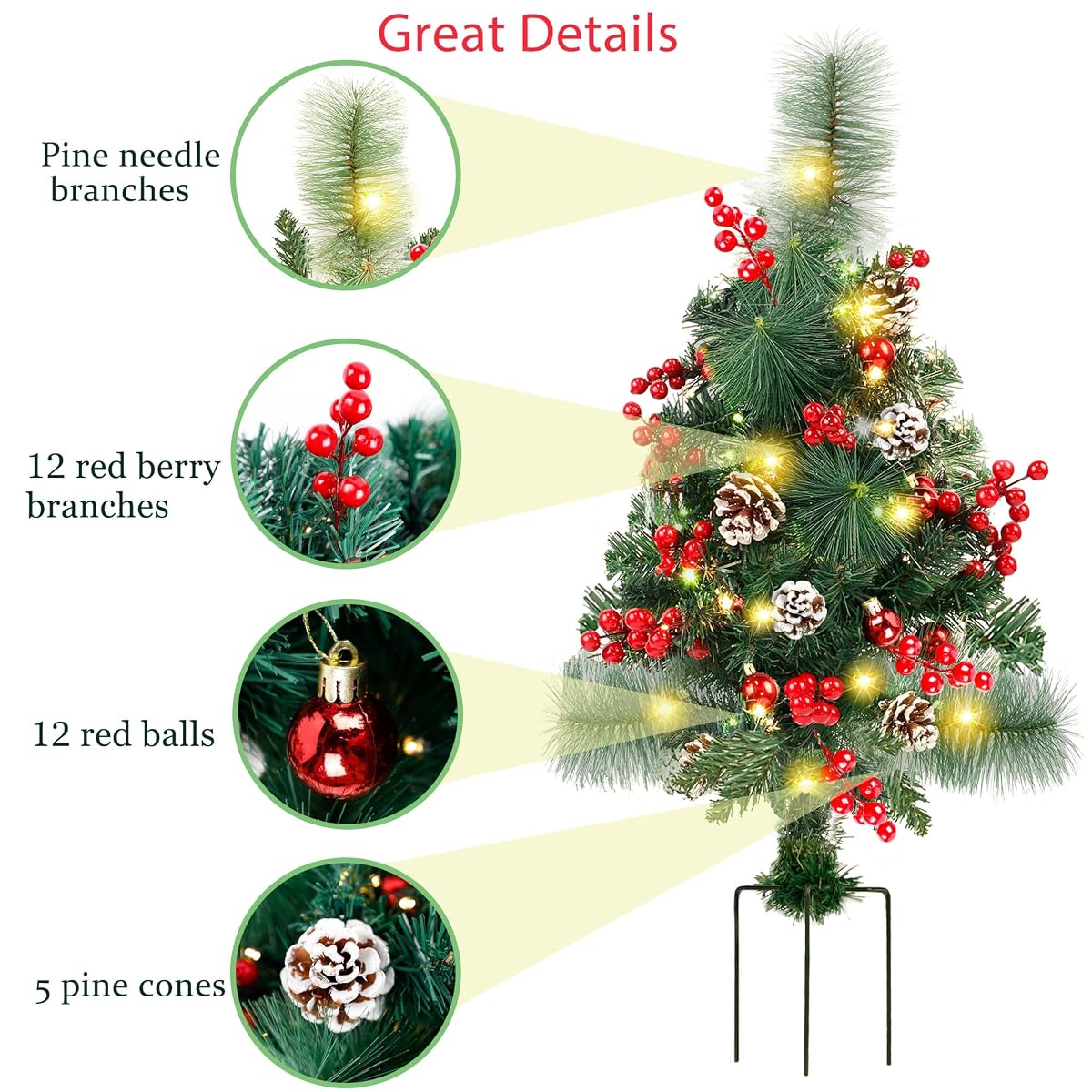 Lulu Home 2 Packs Pre-Lit Christmas Trees with Stake, 2.5FT H 60 LED Lighted Small Xmas Urn Planter Filler with Red Berries Red Balls Pine Cones Lights for Pathway Yard Garden Outdoor Decorations - detail image 2