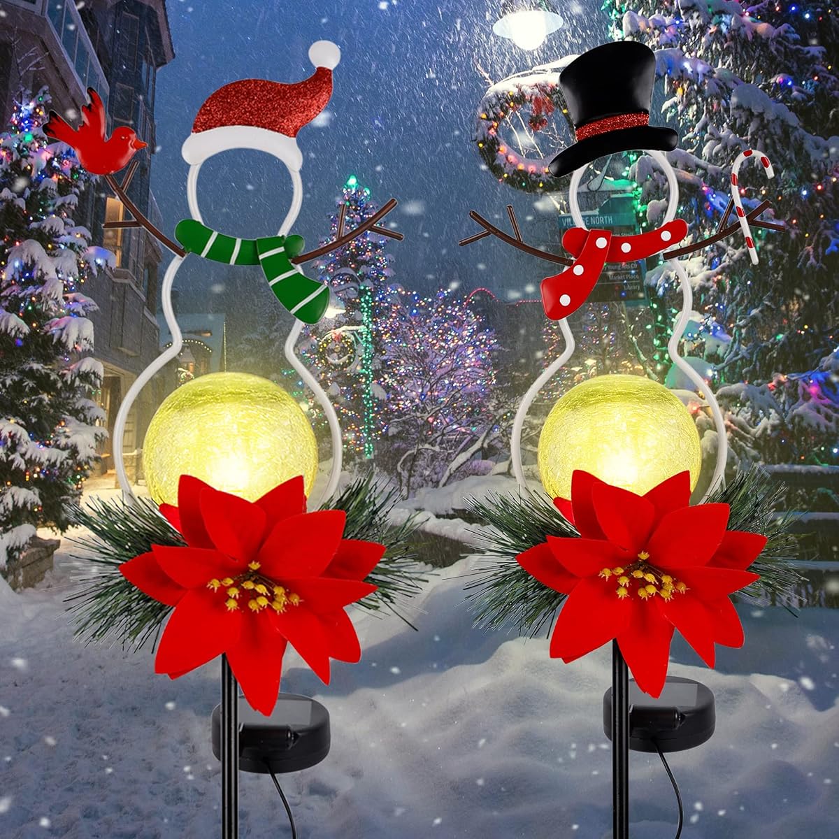Lulu Home Christmas Yard Stakes, 31" Metal Snowman Garden Stakes with Solar Lighted Led Glass Balls for Xmas Holiday Winter Lawn, Pathway, Sidewalk Outdoor Decorations, Set of 2 - 细节图 5