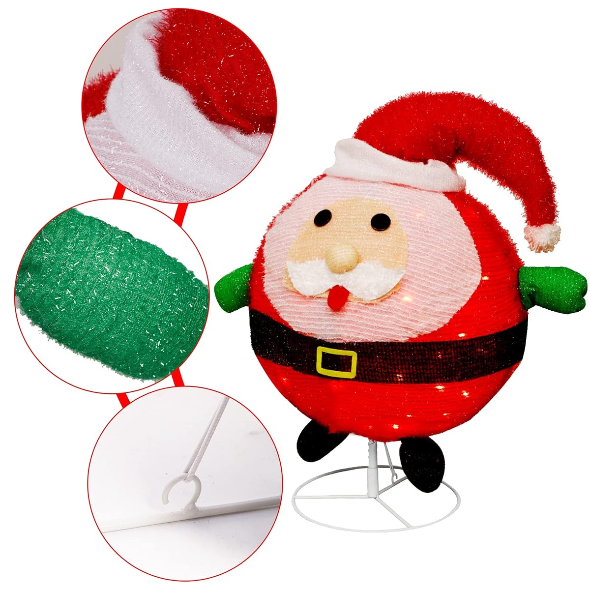 Lulu Home 23.6 Inch 48 LED Lighted Ball-Like Collapsible Santa Clause Ornaments with Clear Lights, Plug-in Foldable Light Up Adorable Father Christmas Yard Decor - imagem de detalhe 3