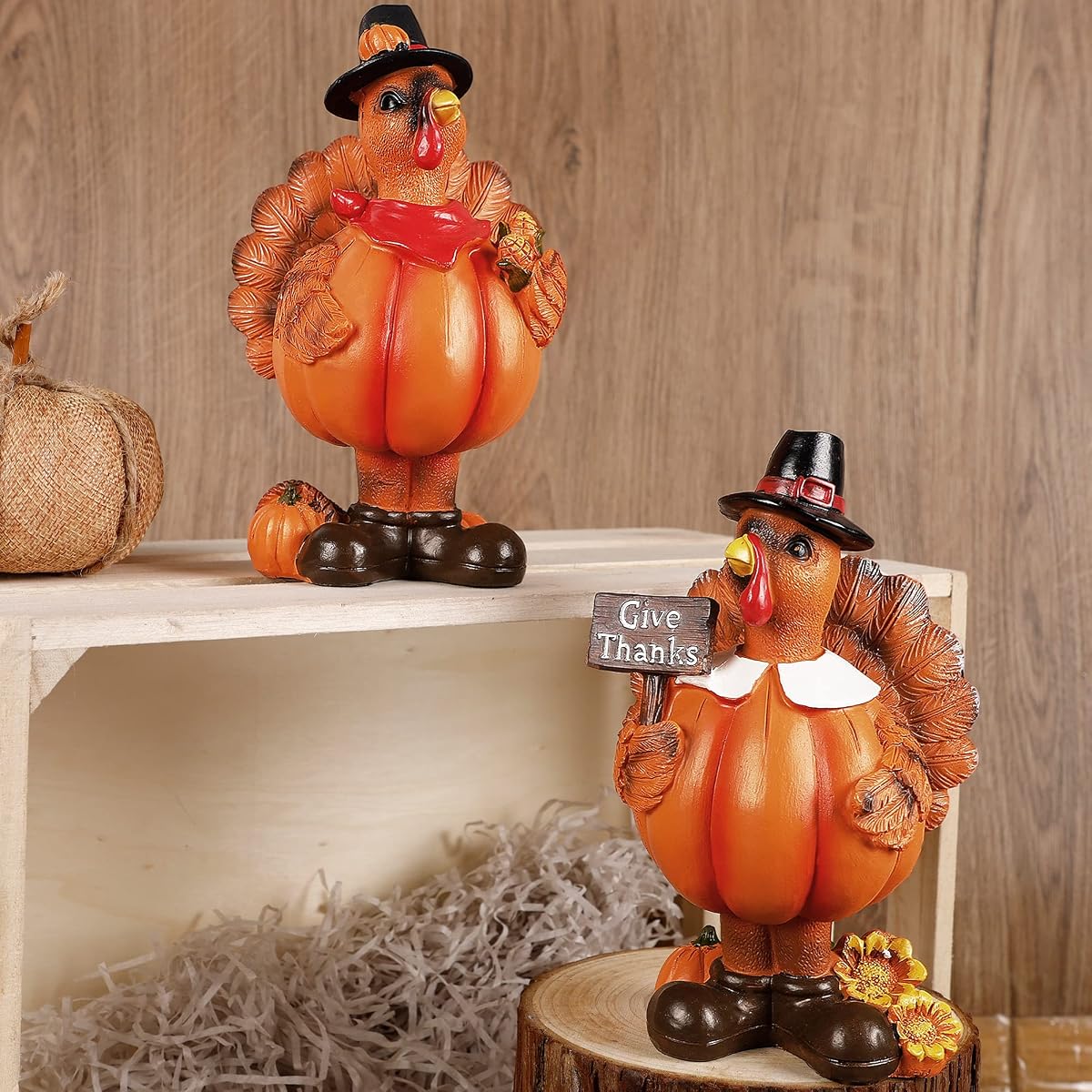 Lulu Home Thanksgiving Turkey Figurines, Give Thanks Resin Turkey Shelf Sitters, Thanksgiving Home Decor Craft Turkey Centerpiece Mantle Fall Fireplace Decor, 2 Pack - imagem de detalhe 4