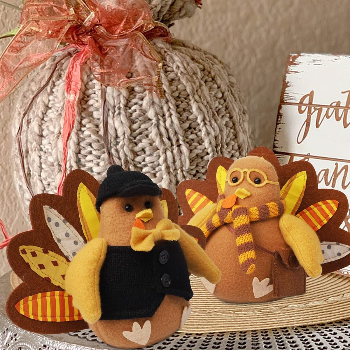 Lulu Home Thanksgiving Turkey Decor, Felt Standing Turkey Couple, Set of 2 Thanksgiving Turkey Centerpieces, Thanksgiving Tabletop Decorations Fall Home Decor - detail image 5