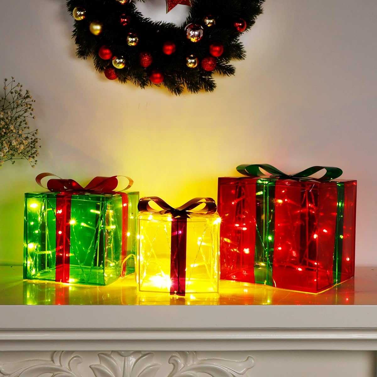 Lulu Home Christmas Lighted Gift Boxes, 60 LED Light Up Deocr Outdoor, Light Up Christmas Boxes Present Decorations Outdoor Yard Red Green Yellow - imagen de detalle 3