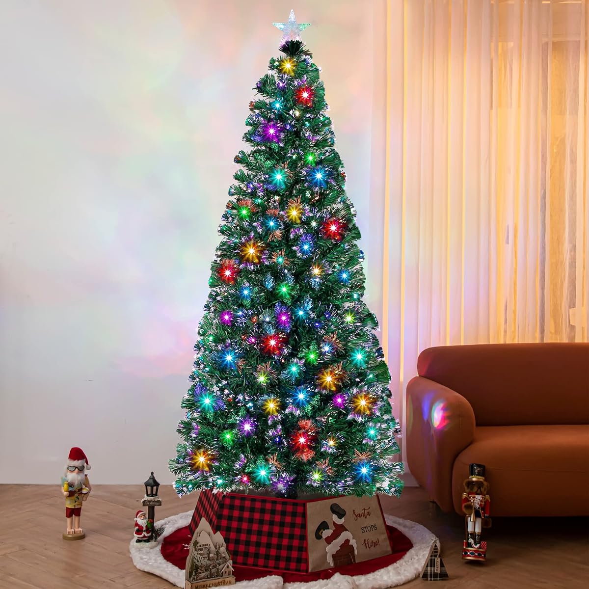 Lulu Home Prelit Christmas Tree, 7FT Artificial Fiber Optic Tree with 270 Branches and Topper Star, 275 LED Colorful Lighted Xmas Green Pine Tree with Metal Stand for Indoor Outdoor Holiday Decoration - imagen de detalle 4