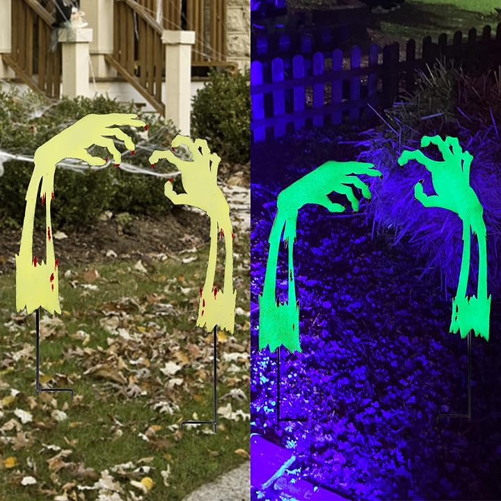 Lulu Home Halloween Yard Stake, 26.6" Glow in The Dark Metal Demon Hands with Green Fluorescent Layer, Halloween Yard Sign Stakes for Outdoor Front Yard Lawn Garden Decorations