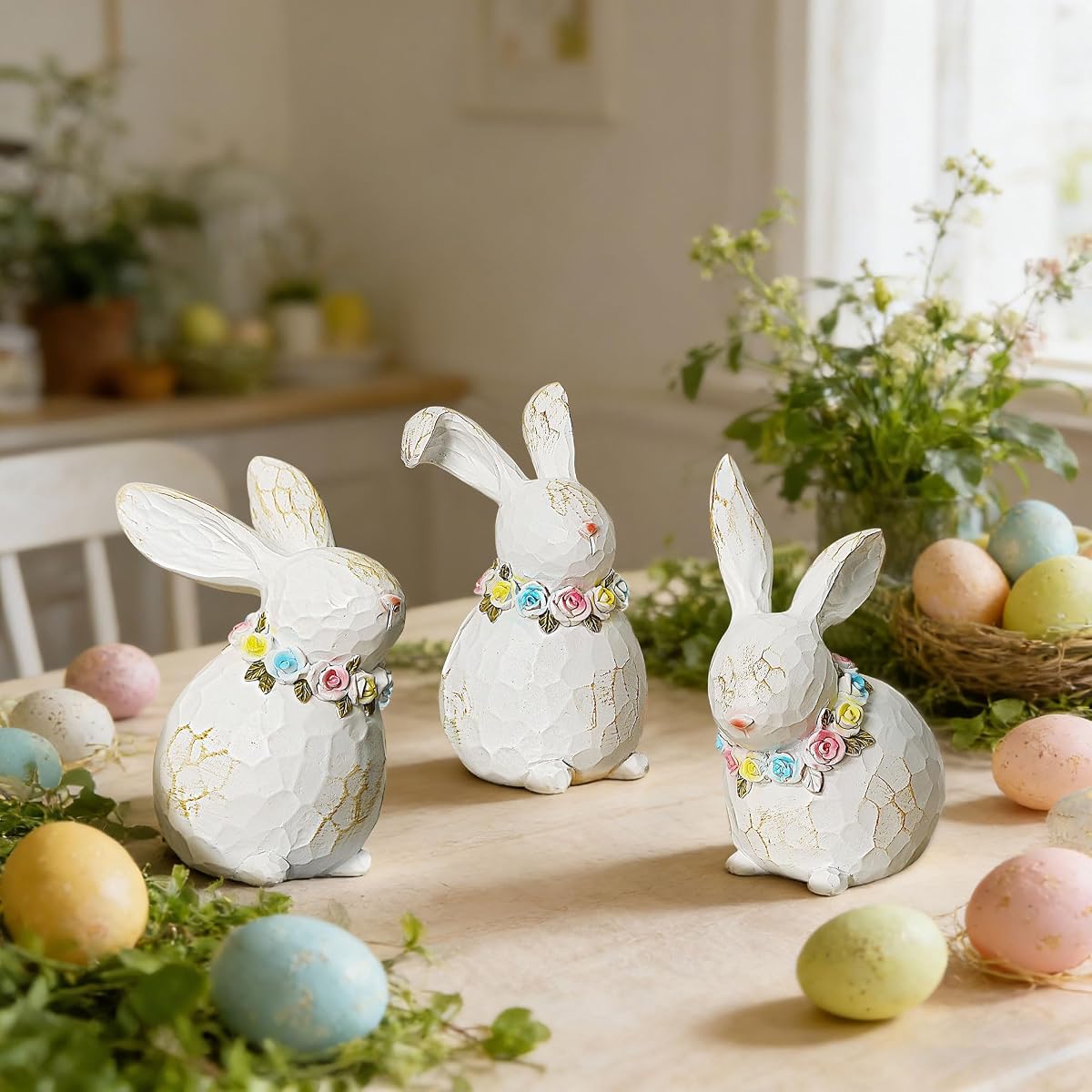 Lulu Home 3 Packs Easter Tabletop Ornaments, Resin White Bunnies Figurines with Floral Wreaths Around Necks, Standing Rabbit Statues for Spring Garden Home Mantel Indoor Outdoor Decorations - detail image 6