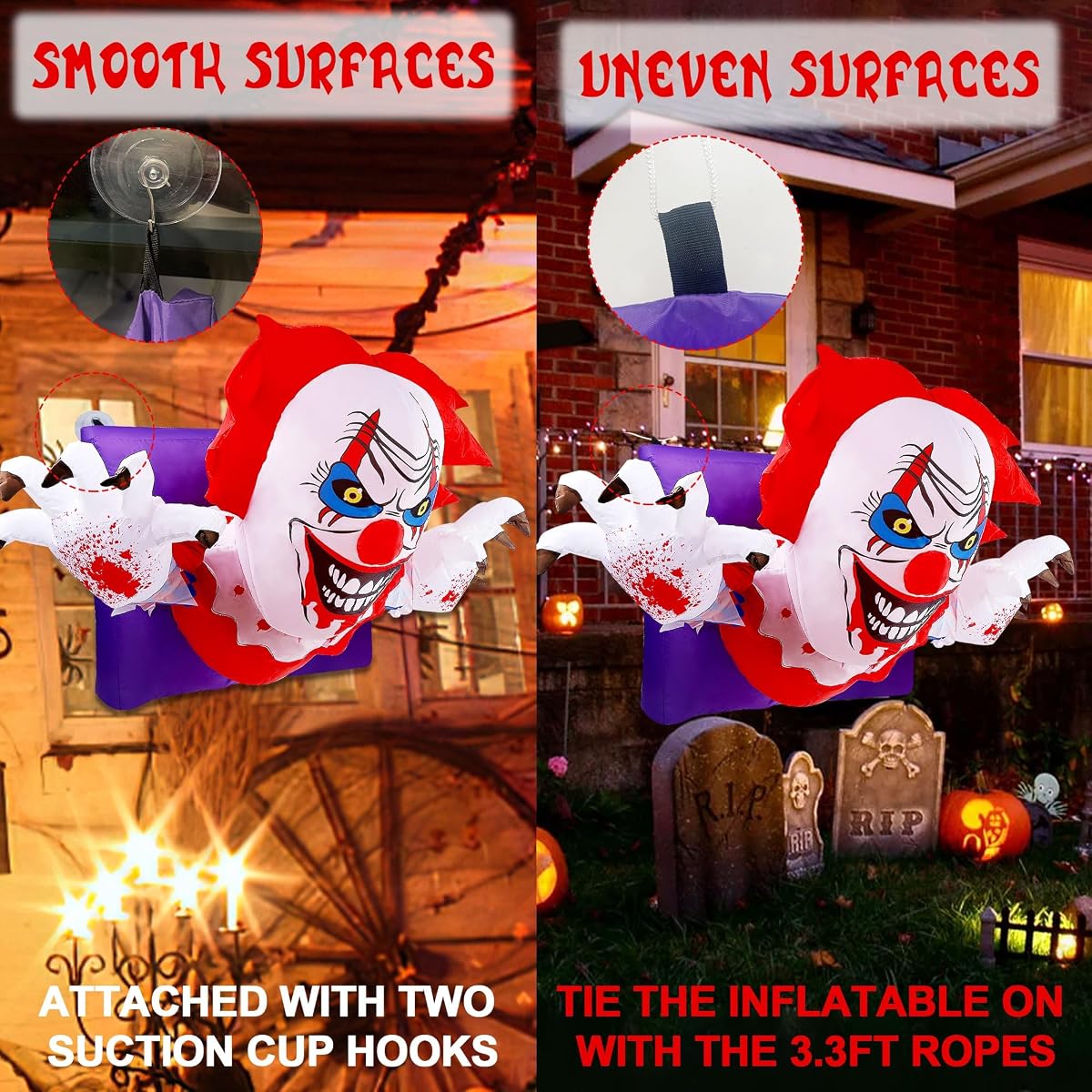 Lulu Home 4.1FT L Halloween Inflatable Clown Decoration, Light Up Air-Blown Scary Clown Broke Out from Windows with Rotating Head for Walls Front Doors Haunted House Holiday Hanging Display - imagem de detalhe 4