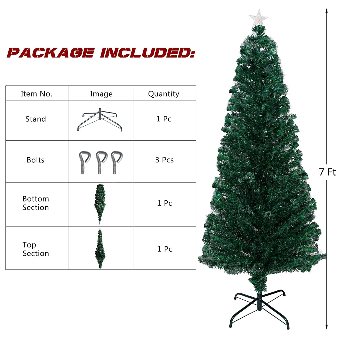 Lulu Home Prelit Christmas Tree, 7FT Artificial Fiber Optic Tree with 270 Branches and Topper Star, 275 LED Colorful Lighted Xmas Green Pine Tree with Metal Stand for Indoor Outdoor Holiday Decoration - imagen de detalle 1