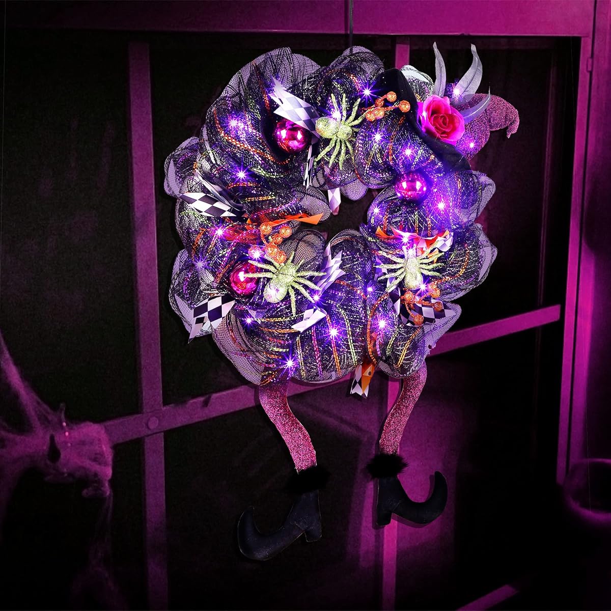 Lulu Home Halloween Front Door Wreath, Purple LED Lighted Witch Hat Wreath, Battery Operated, NOT PRELIT - imagem de detalhe 5
