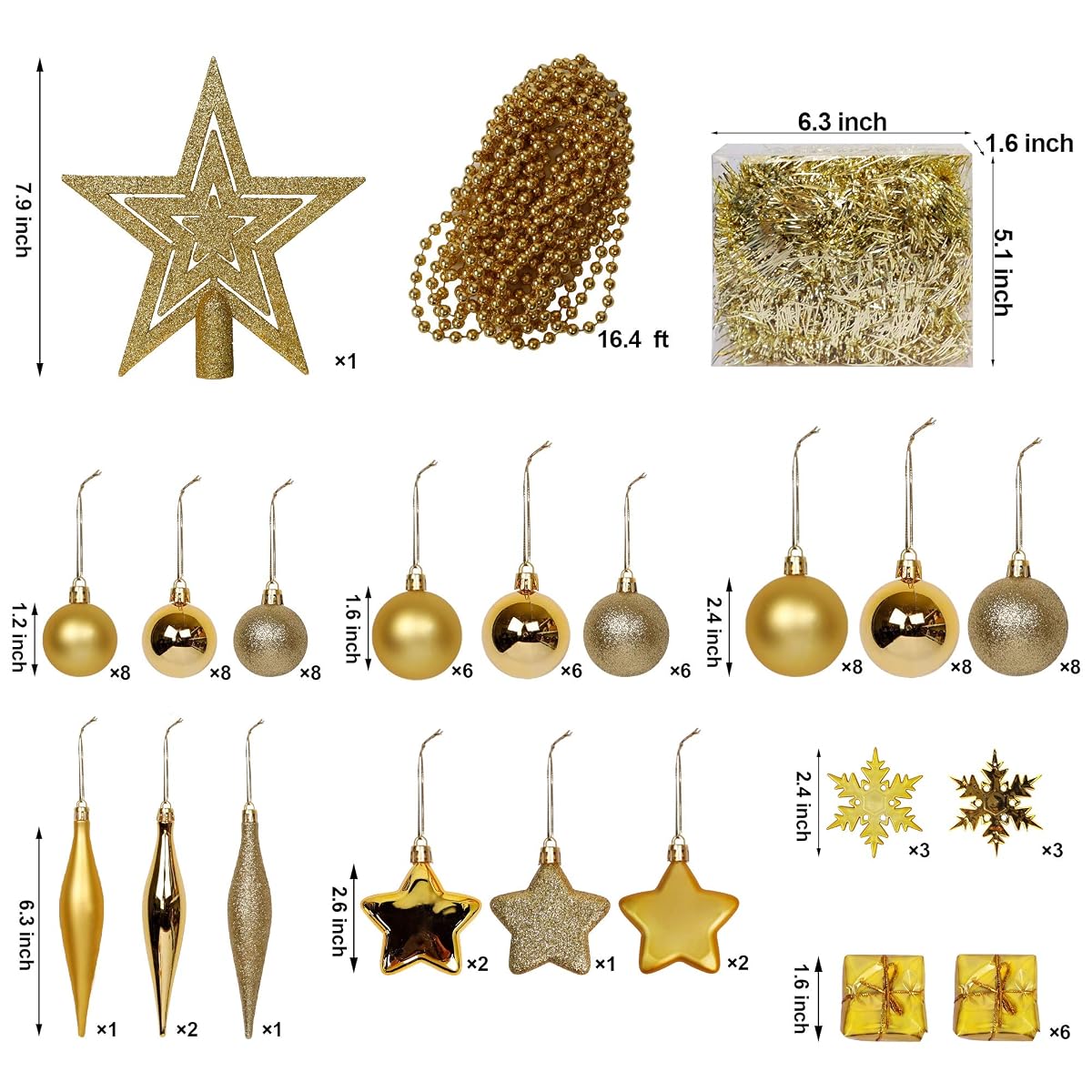 Lulu Home Assorted Christmas Tree Ornaments Set, 90 Pieces Including Balls Shuttle Five-Pointed Star Snowflakes Tree Top Star Mini Gift Boxes Tinsel Garland Bead Chain, Pre-Strung - imagen de detalle 2