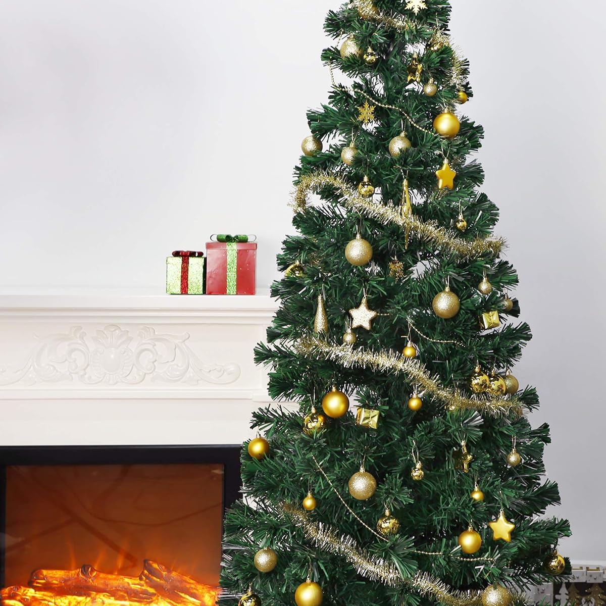 Lulu Home Assorted Christmas Tree Ornaments Set, 90 Pieces Including Balls Shuttle Five-Pointed Star Snowflakes Tree Top Star Mini Gift Boxes Tinsel Garland Bead Chain, Pre-Strung - imagen de detalle 5
