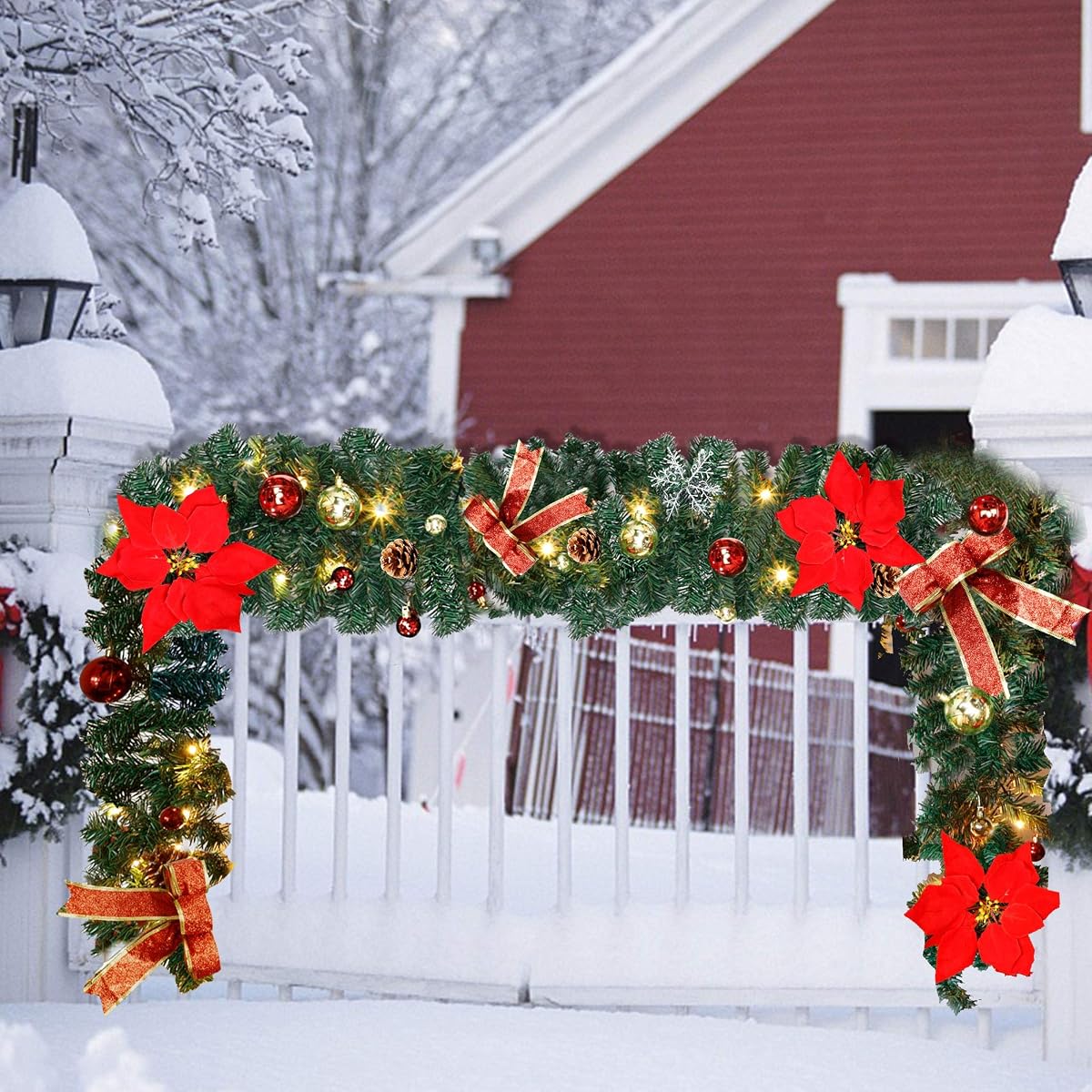 Lulu Home Christmas Garland, 9FT Pre-lit 40 LED Christmas Garland with 24 Xmas Balls, Battery Operated Christmas Lighted Poinsettia Garland Indoor Outdoor for Fireplace, Staircase, Railing Decoration - imagem de detalhe 4