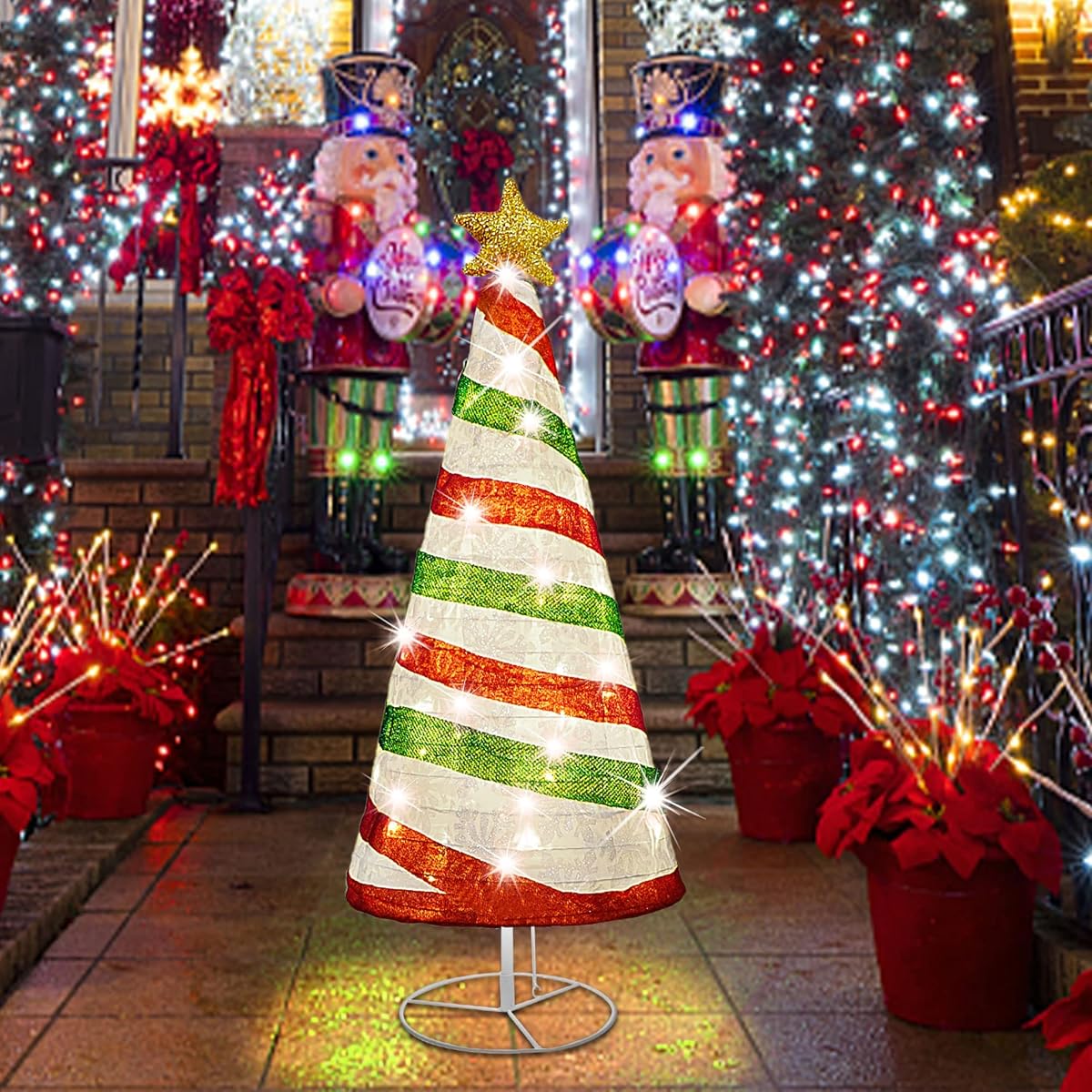 Lulu Home 35 Inch Collapsible Christmas Tree Decor, 48 LED Pre-lit Fabric Christmas Tree with Star Topper, Plug-in Foldable Light Up Spiral Cone Xmas Tree Indoor Outdoor Yard Decor, Red & Green - detail image 5